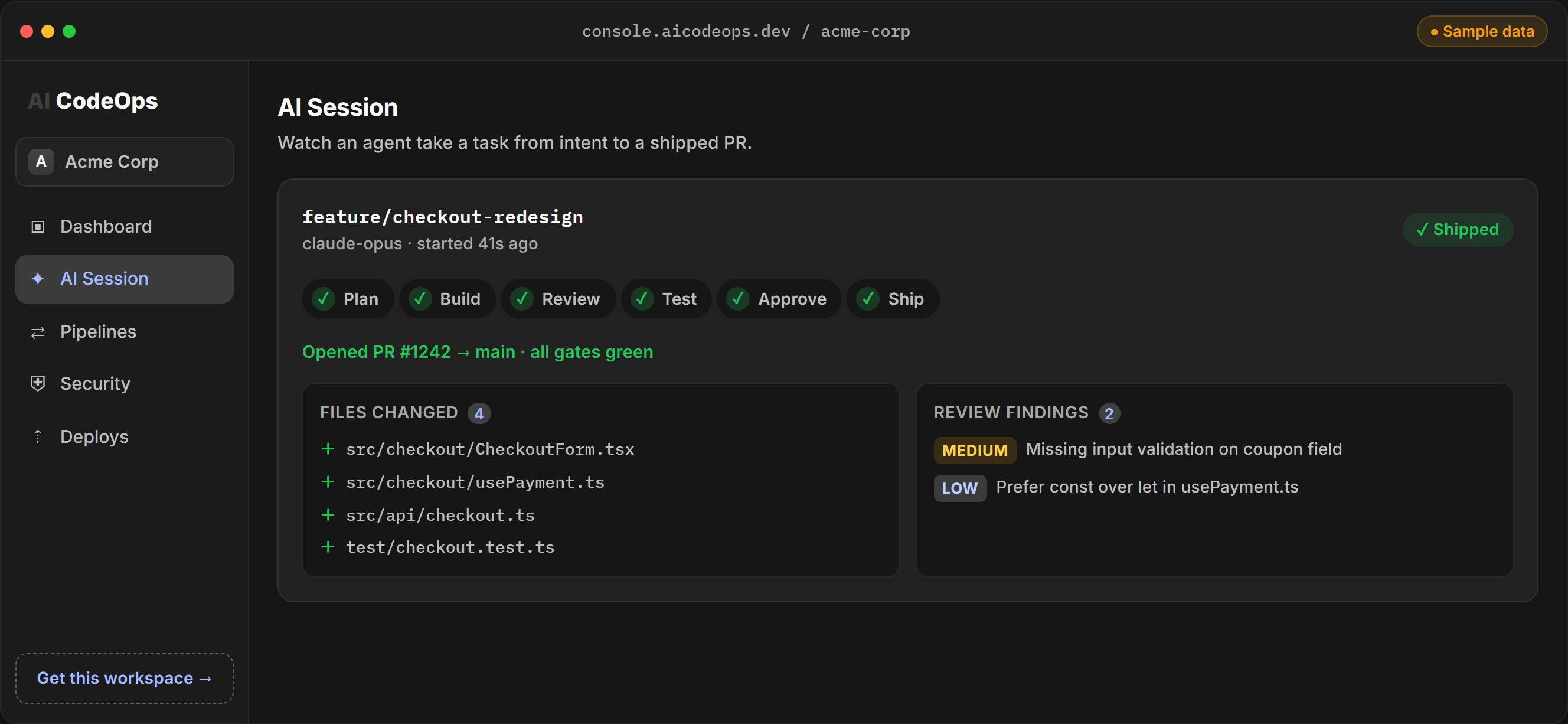 AI CodeOps session page during the Build step, with Plan complete and two changed files listed while review findings wait for the build